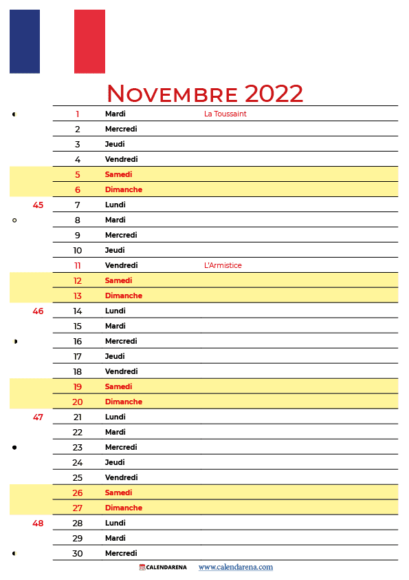 novembre 2022 calendrier france