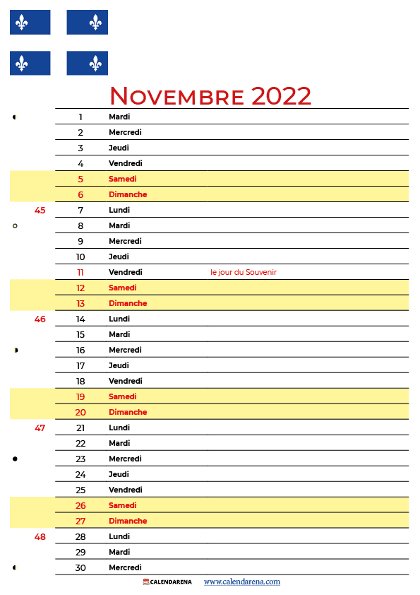 novembre 2022 calendrier québec canada
