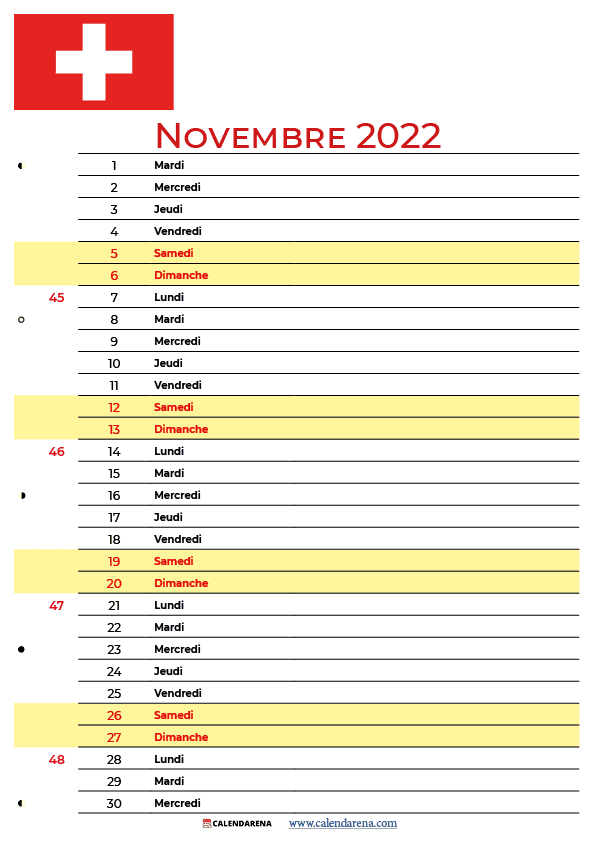 novembre 2022 calendrier suisse