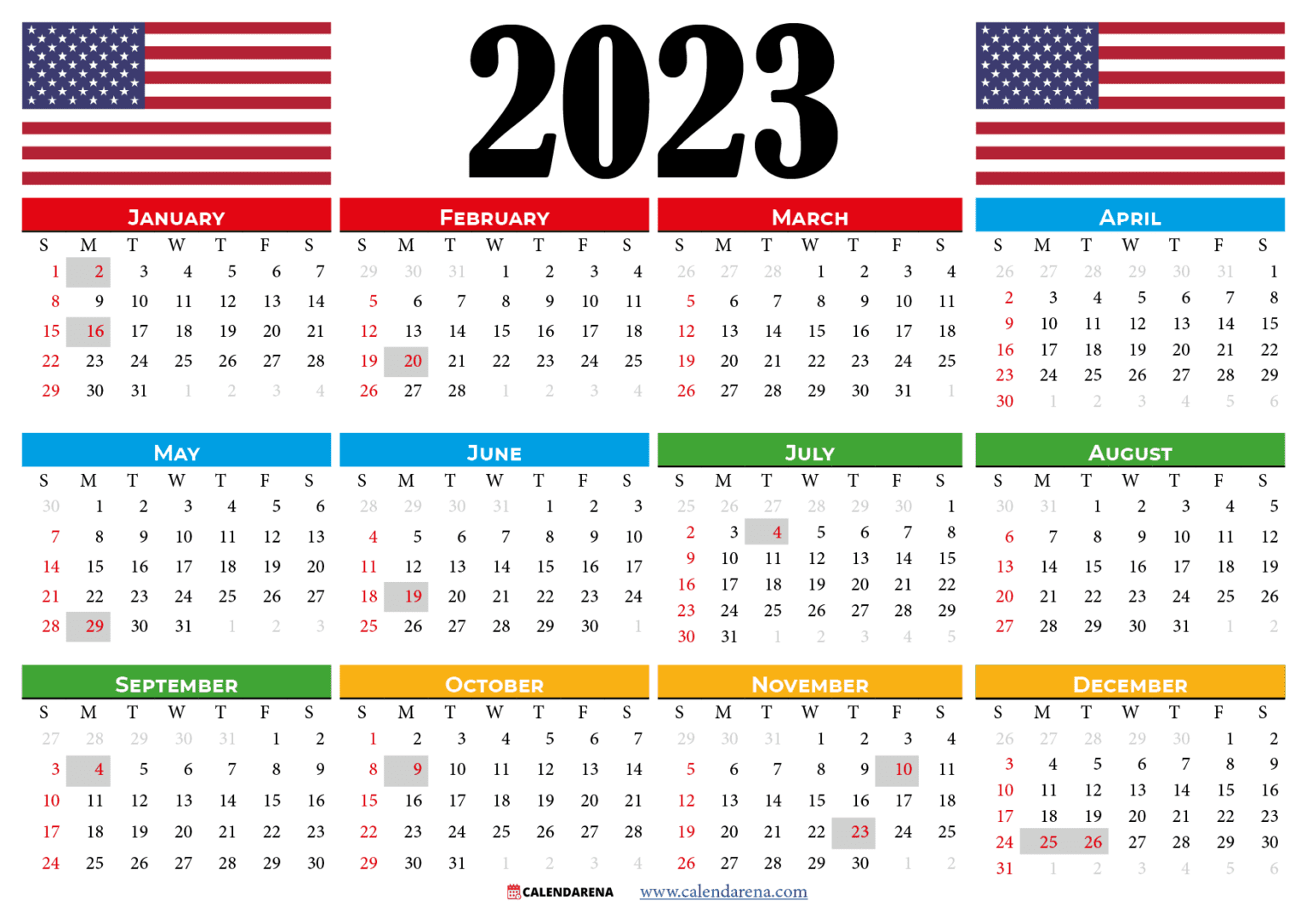 USA 2023 Calendar With Holidays Printable