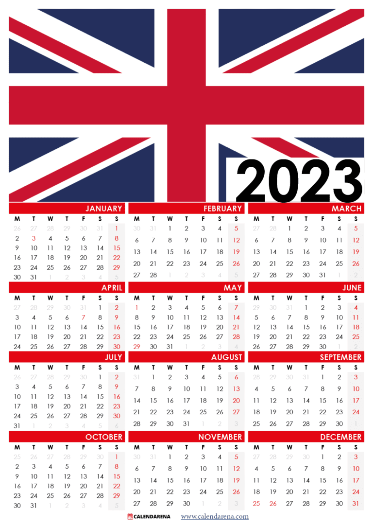 2023 Calendar With Holidays Printable UK