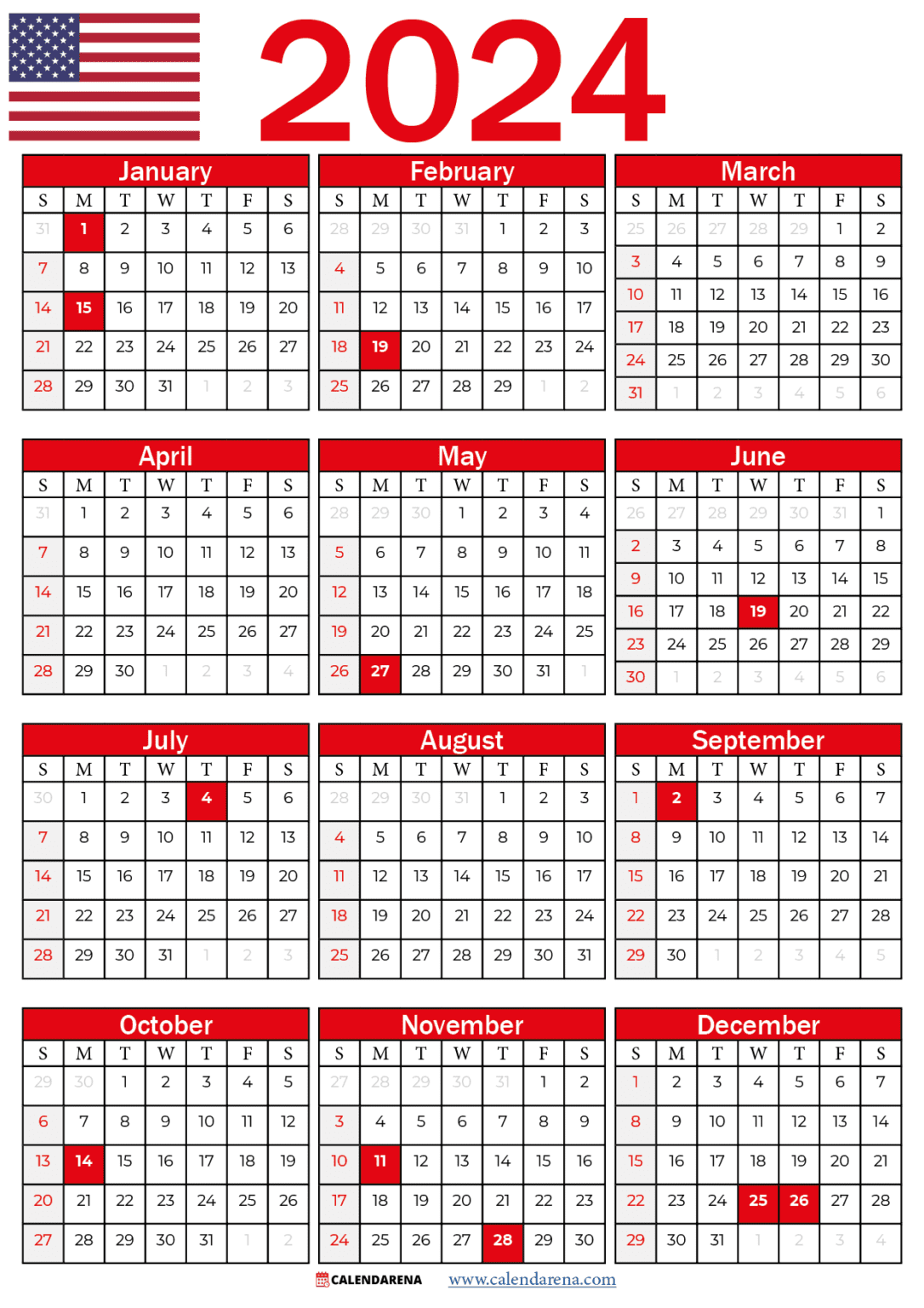 Printable 2024 Calendar With Holidays Usa
