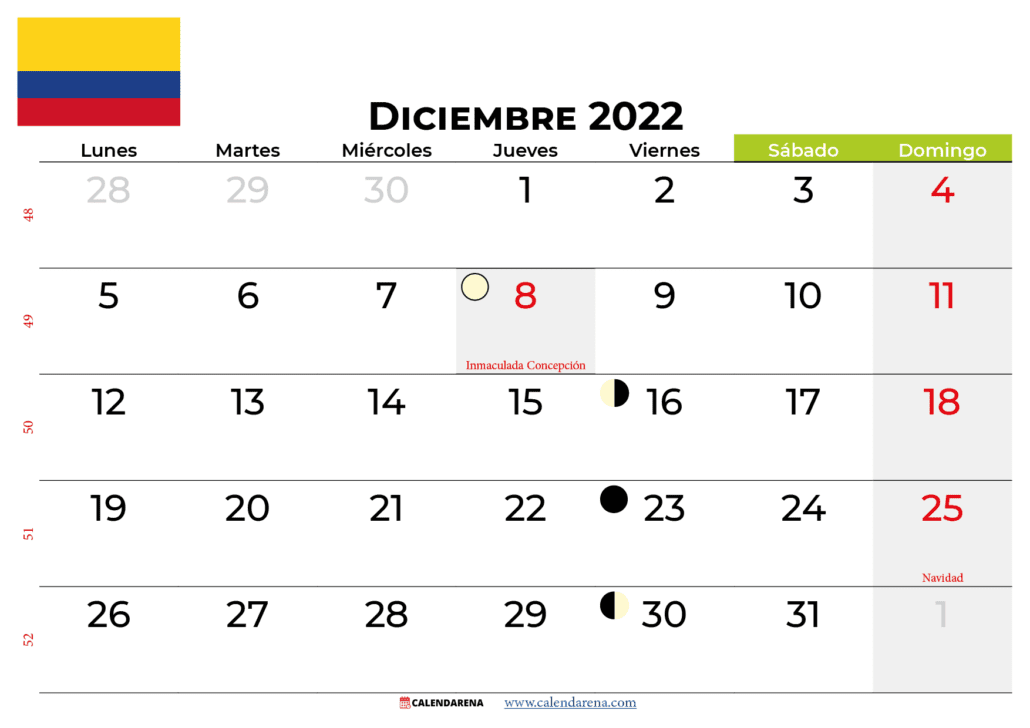 Calendario diciembre 2022 Colombia