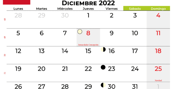 Calendario diciembre 2022 Colombia
