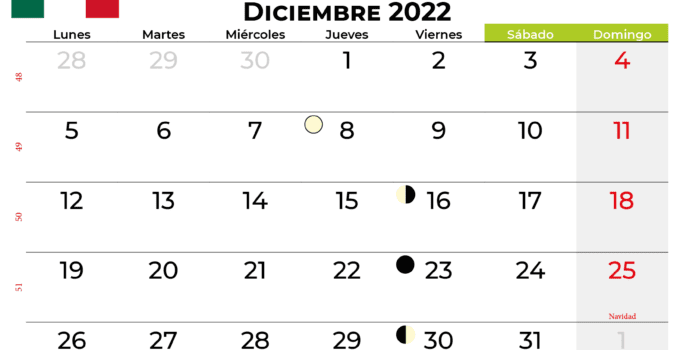 Calendario diciembre 2022 Mexico