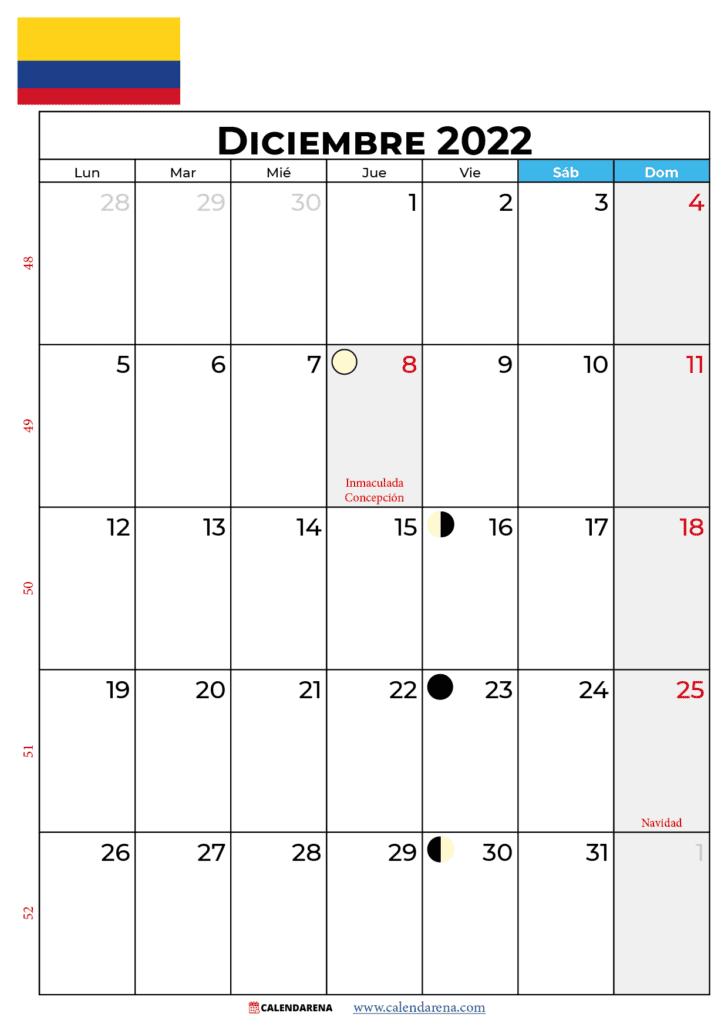 Calendario diciembre 2022 para imprimir colombia