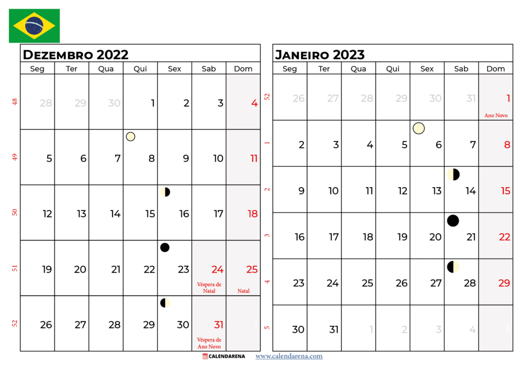 calendário dezembro 2022 e janeiro 2023 brasil