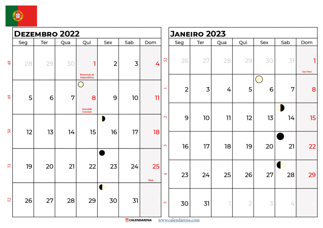 calendario dezembro 2022 e janeiro 2023 portugal