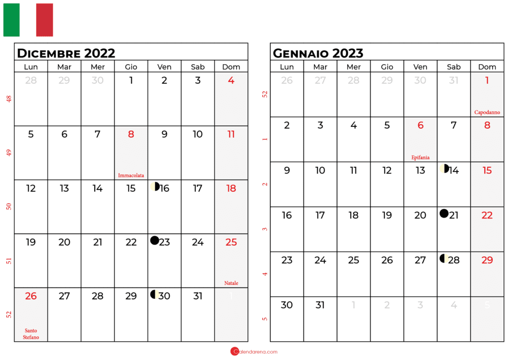calendario dicembre 2022 e gennaio 2023