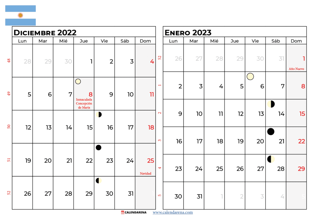 calendario diciembre 2022 enero 2023 Argentina