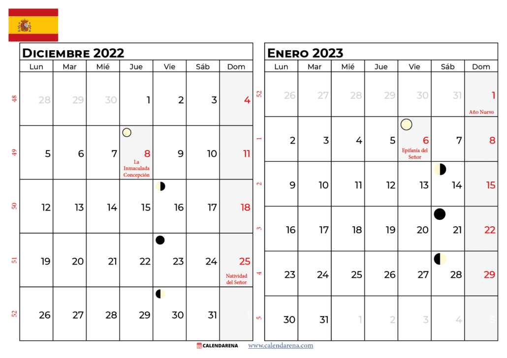 calendario diciembre 2022 enero 2023 España