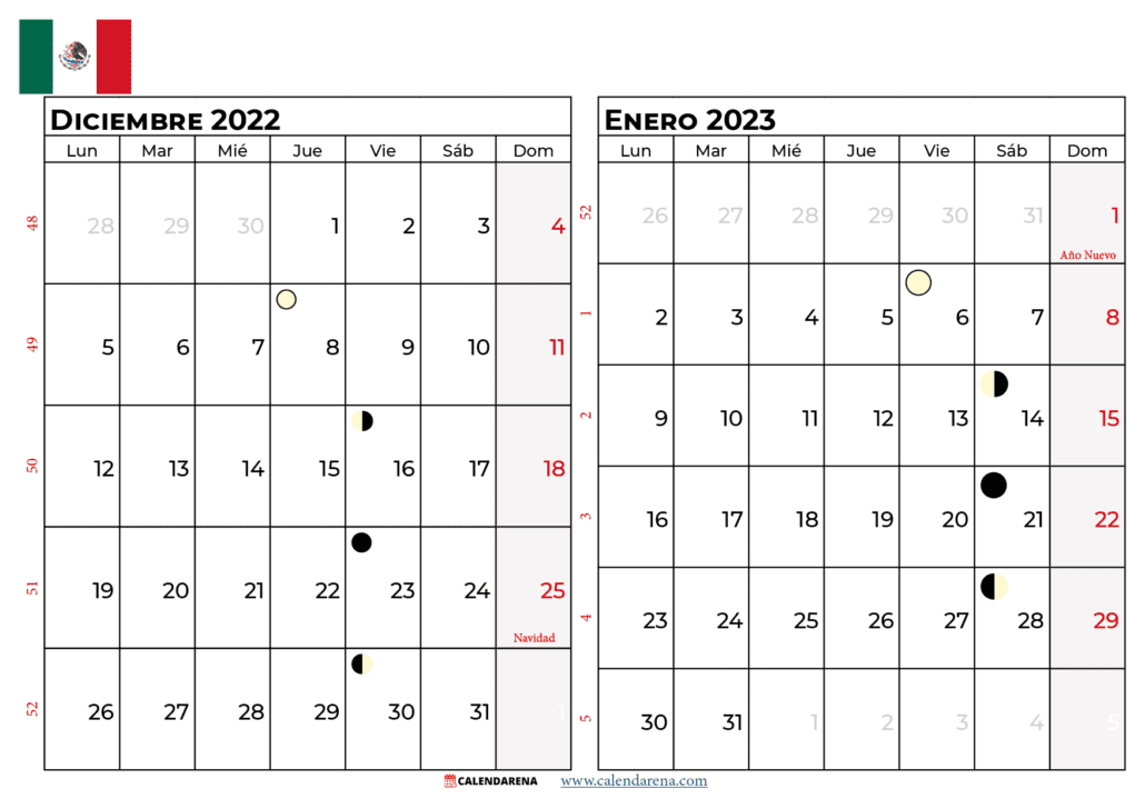 calendario diciembre 2022 enero 2023 Mexico