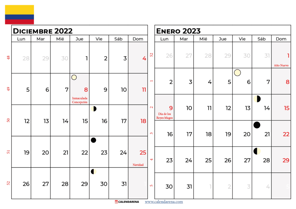calendario diciembre 2022 enero 2023 colombia