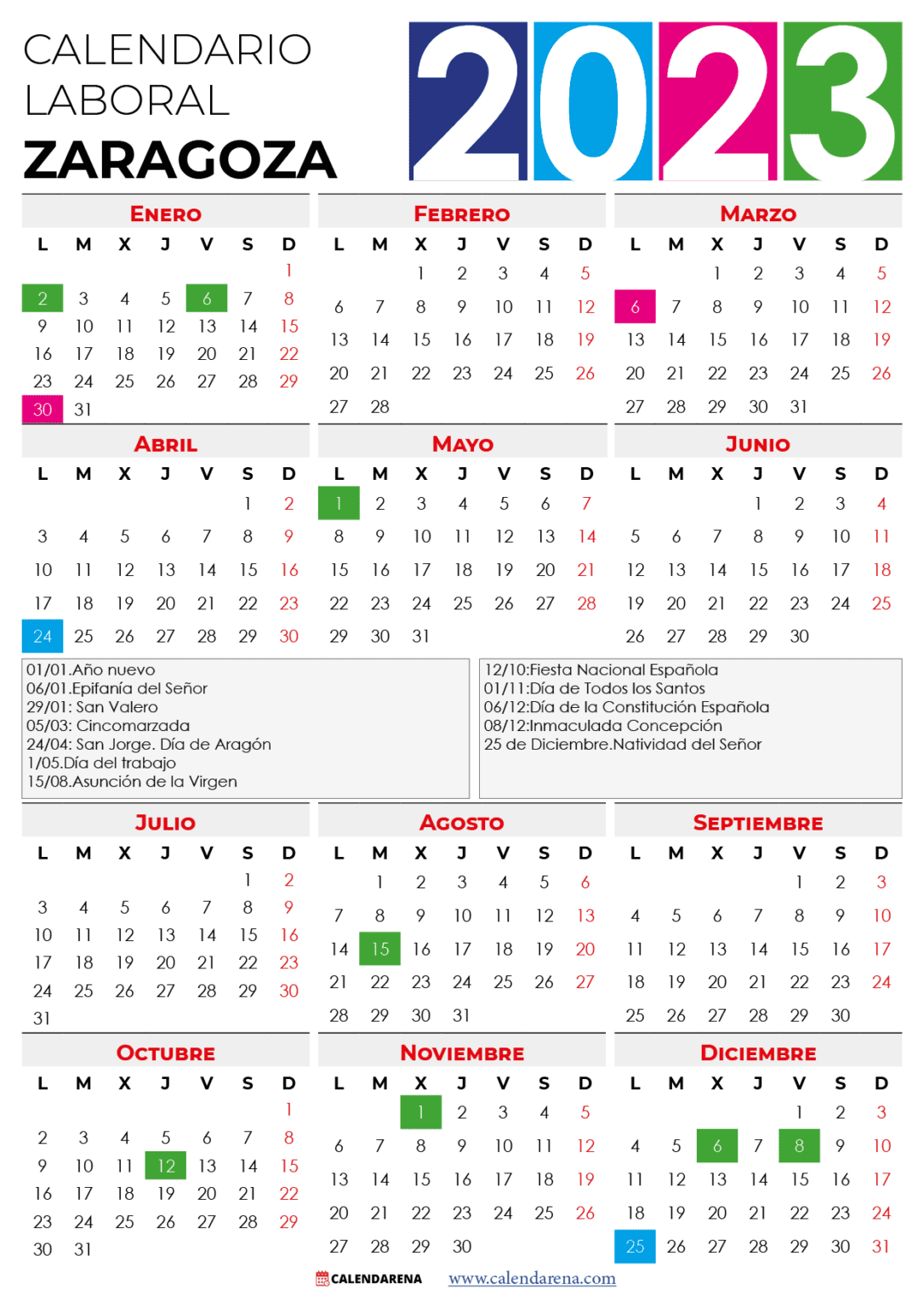 Calendario laboral zaragoza 2023 con festivos Calendarena
