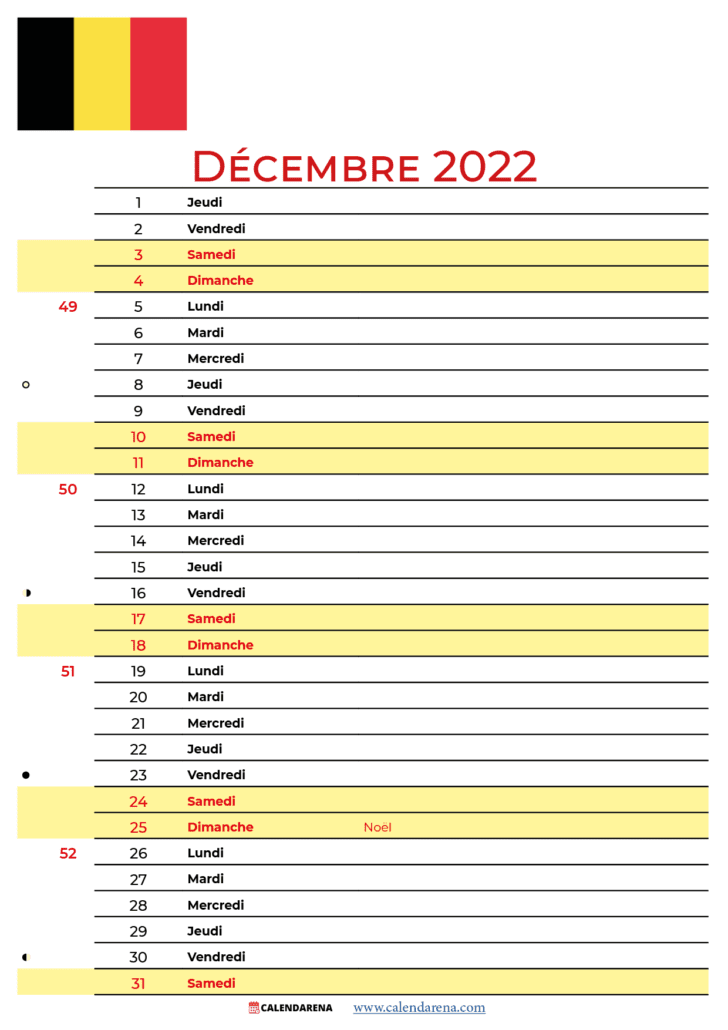 calendrier décembre 2022 à imprimer gratuit belgique