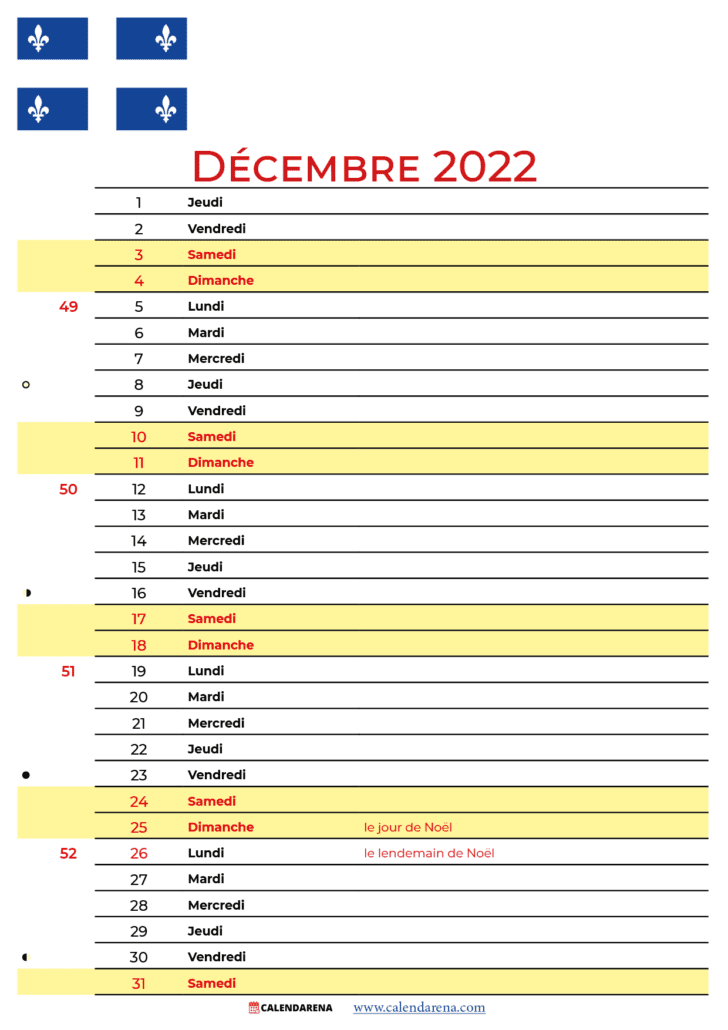 calendrier décembre 2022 à imprimer gratuit québec canada