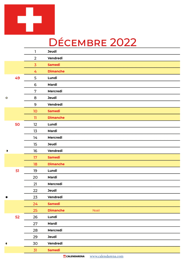 calendrier décembre 2022 à imprimer gratuit suisse