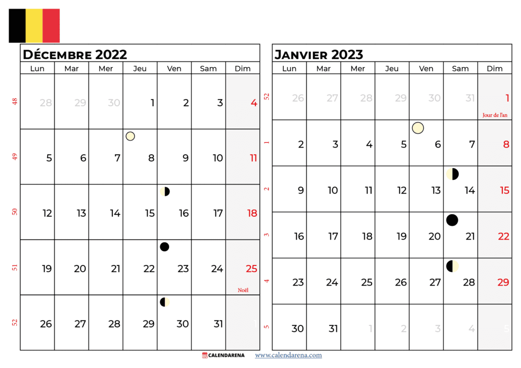 calendrier décembre 2022 janvier 2023 à imprimer belgique