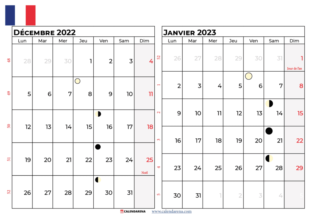 calendrier décembre 2022 janvier 2023 à imprimer france