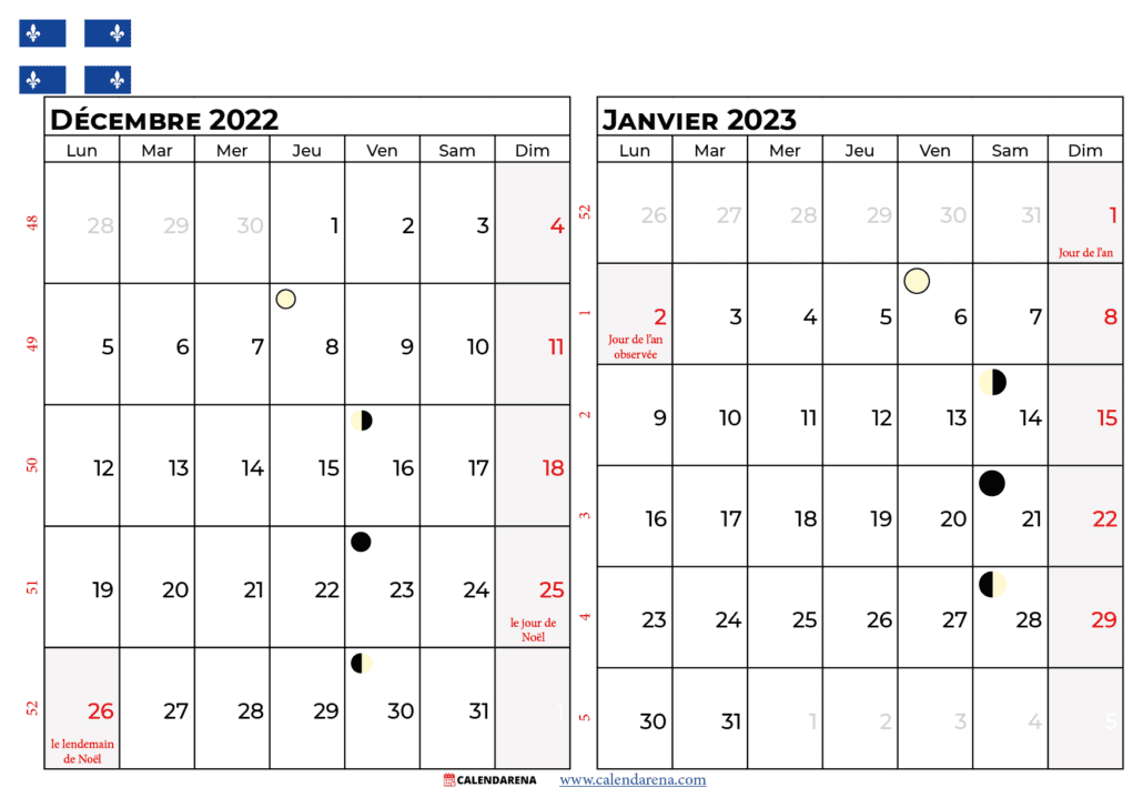 calendrier décembre 2022 janvier 2023 à imprimer québec canada