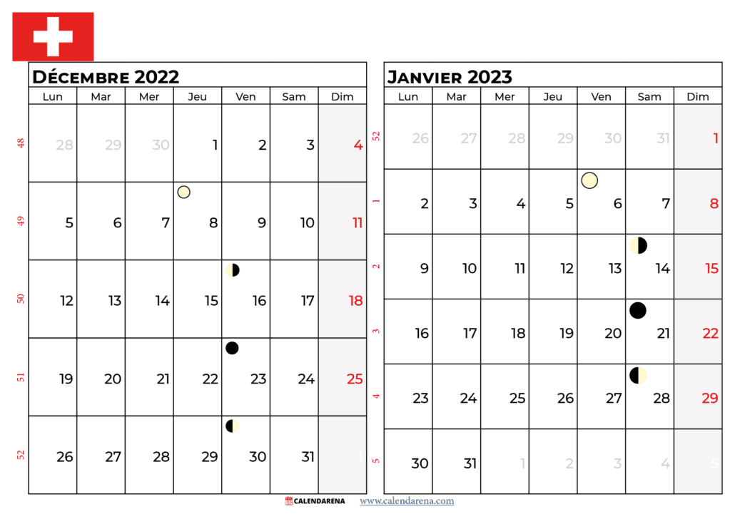 calendrier décembre 2022 janvier 2023 à imprimer suisse