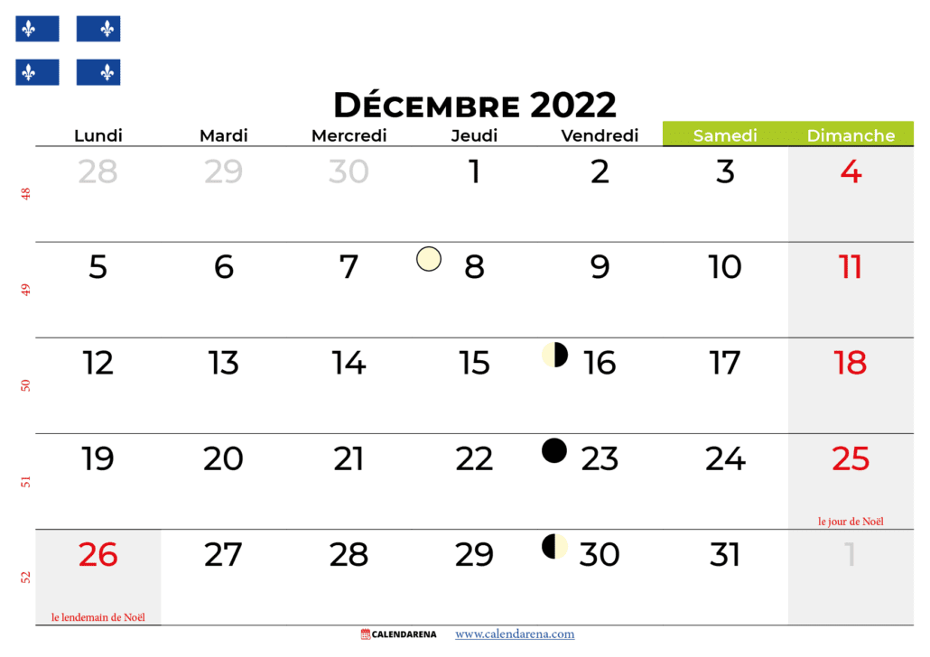 calendrier décembre 2022 québec canada