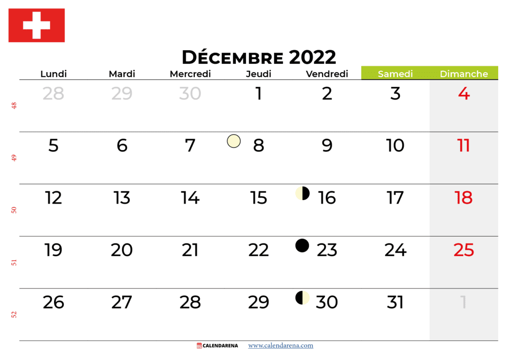 calendrier décembre 2022 suisse