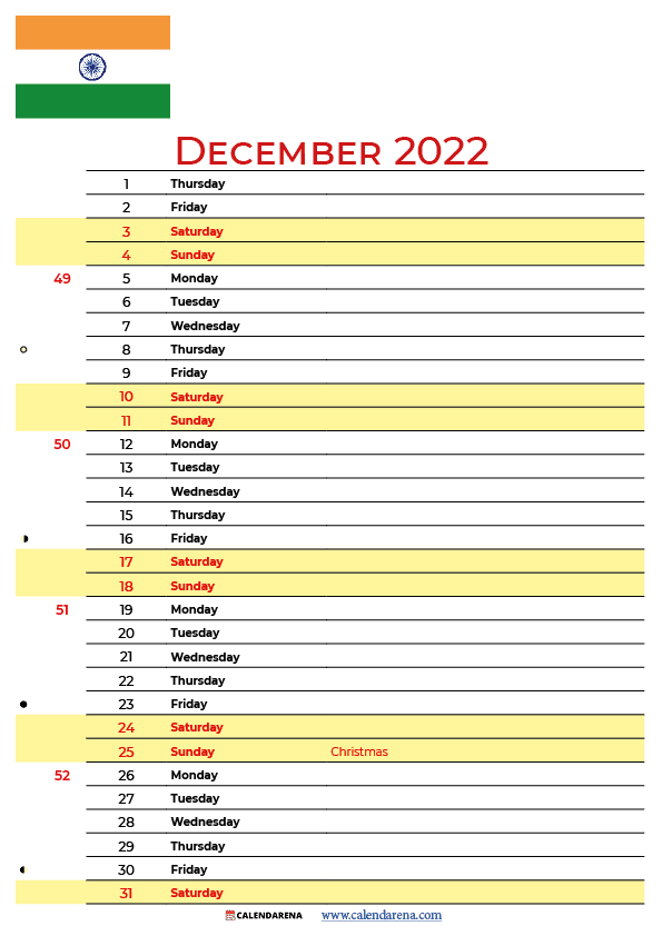 december 2022 calendar india