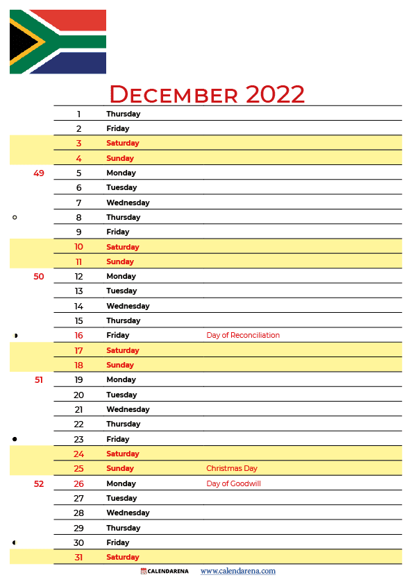 december 2022 calendar south africa