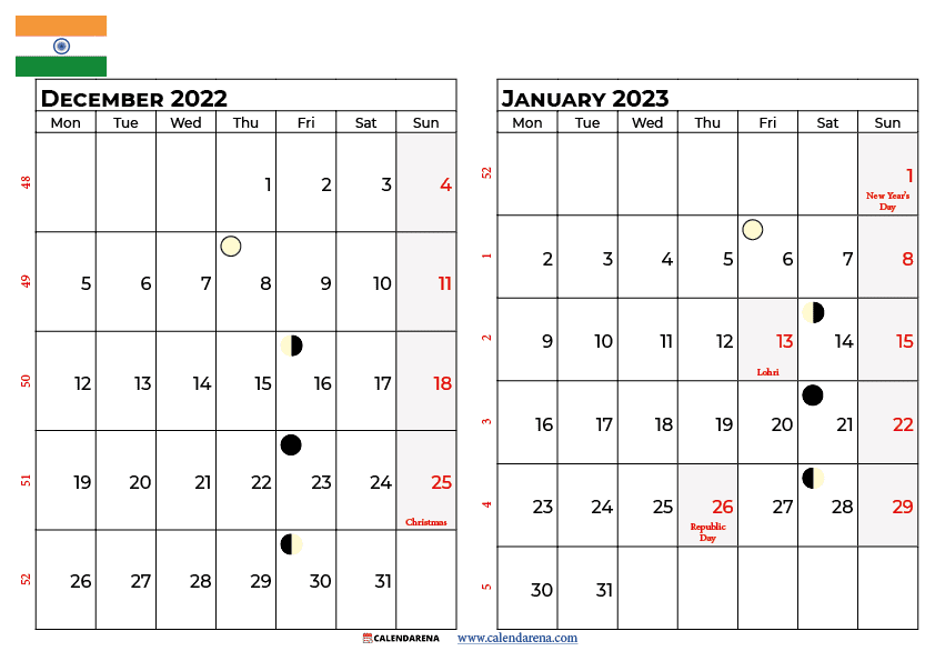 december 2022 january 2023 calendar india