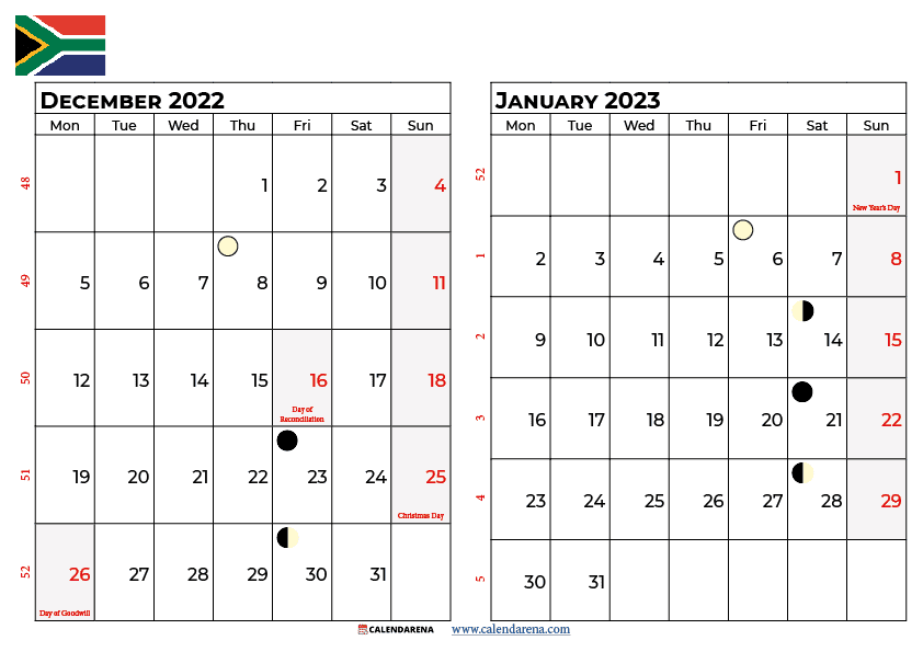 december 2022 january 2023 calendar south africa