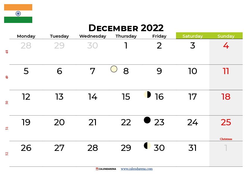 december calendar 2022 india