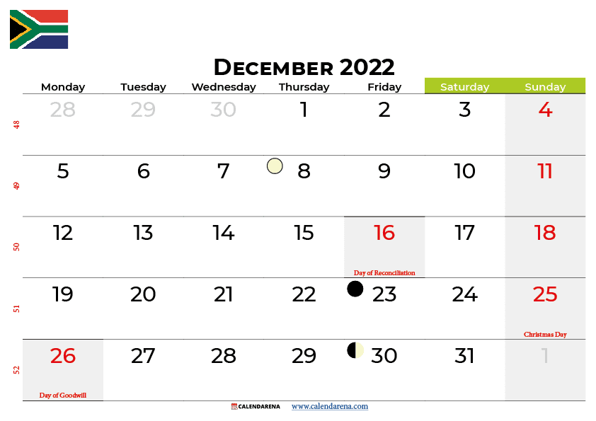december calendar 2022 south africa