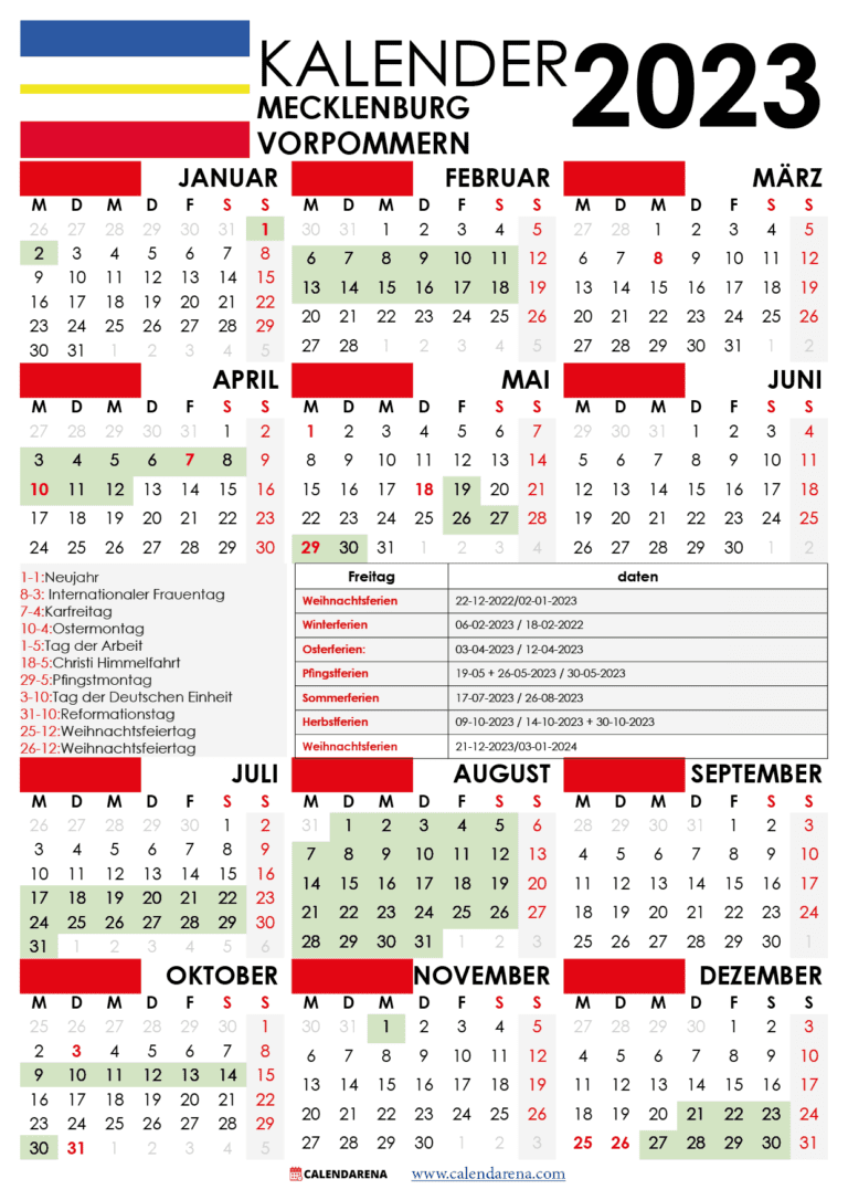 Kalender 2023 Mecklenburg-Vorpommern Mit Ferien + Feiertage