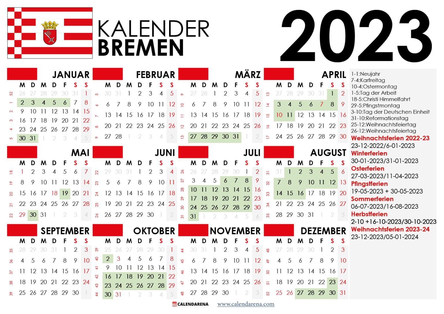 Kalender 2023 Bremen Mit Ferien + Feiertage