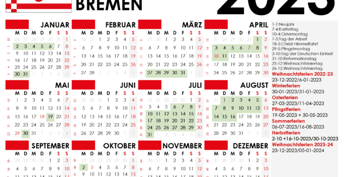 kalender Bremen 2023 und Ferien