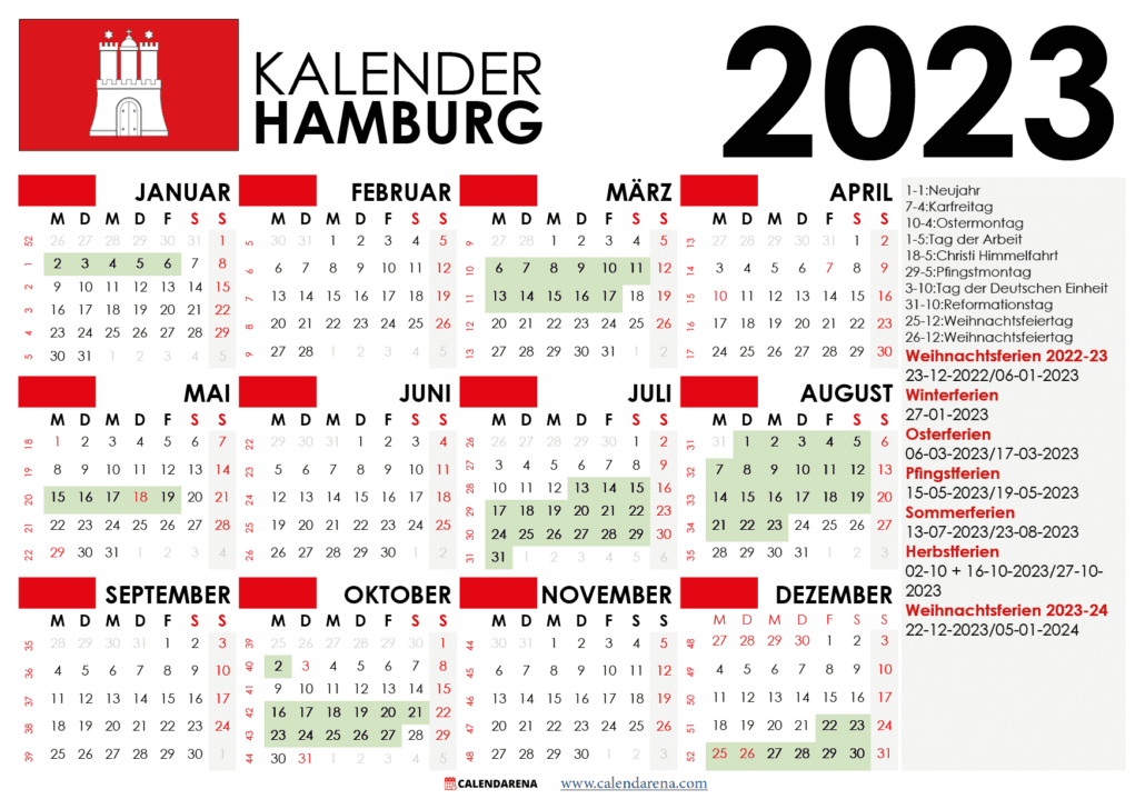 kalender Hamburg 2023 und Ferien