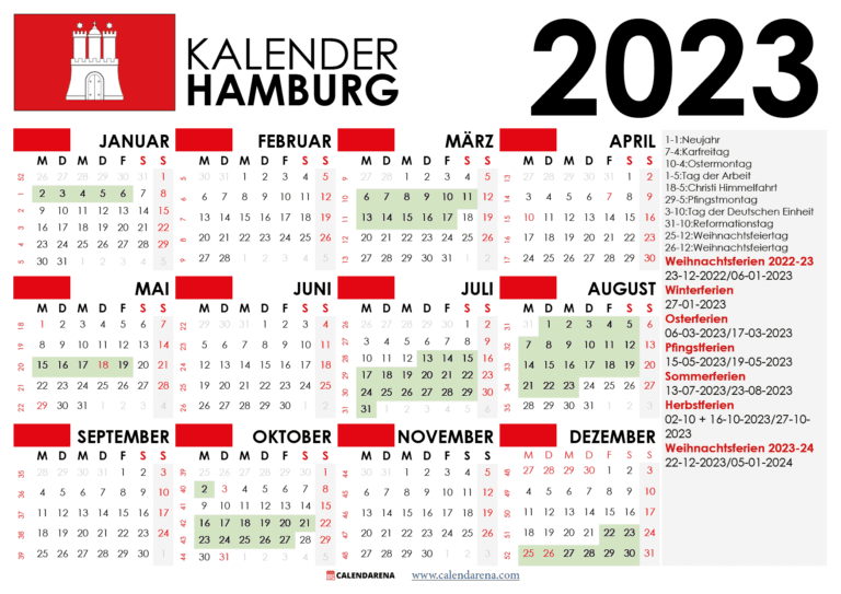 Kalender 2023 Hamburg Mit Ferien + Feiertage