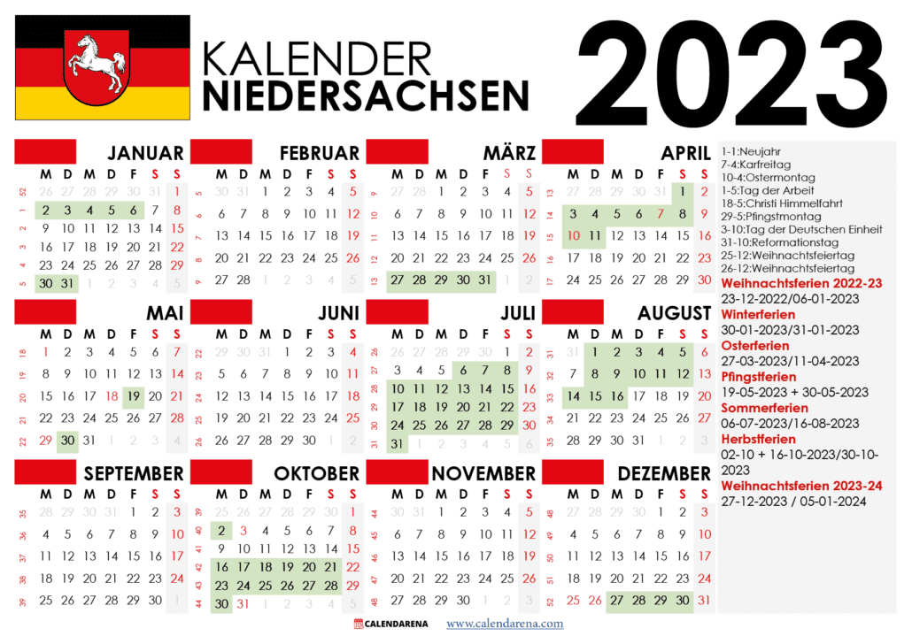 kalender Niedersachsen 2023 und Ferien