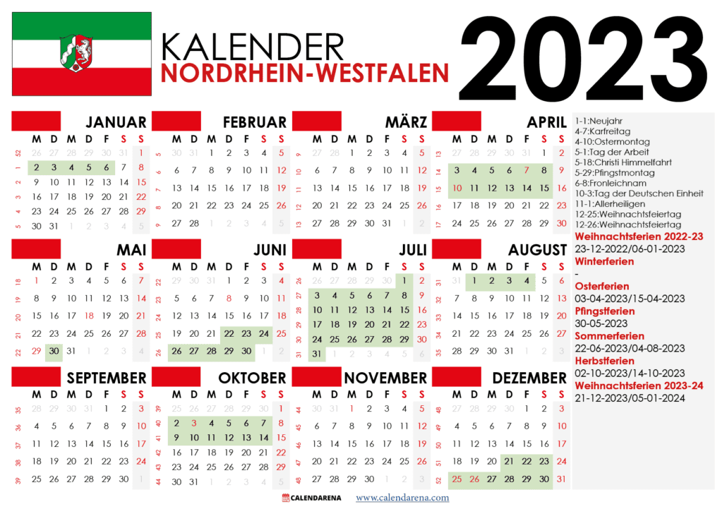 kalender Nordrhein-Westfalen 2023 und Ferien