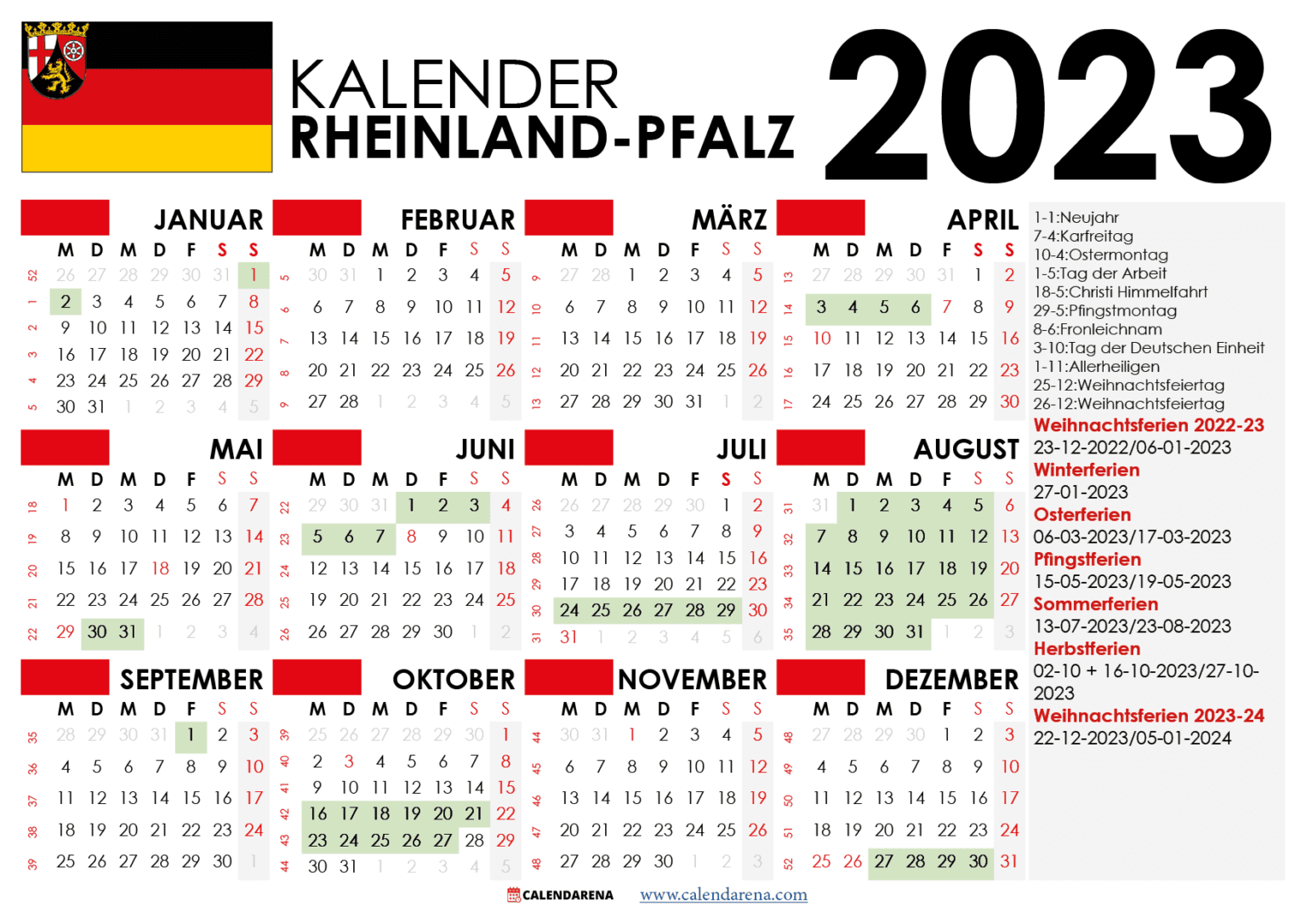Kalender 2023 RheinlandPfalz Mit Ferien + Feiertage