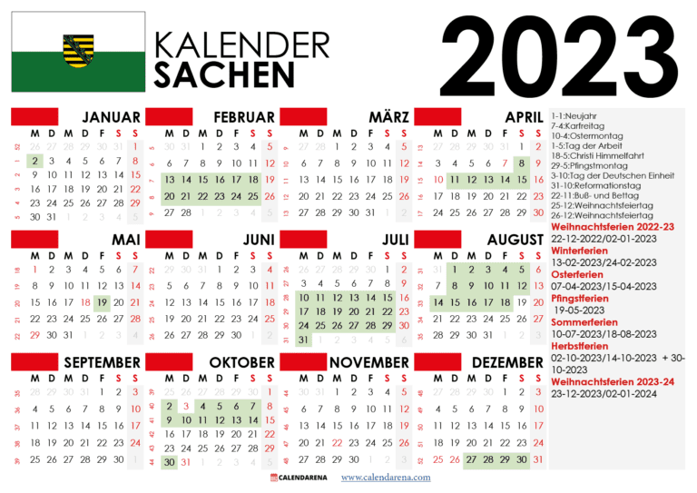 Kalender 2023 Sachsen Mit Ferien + Feiertage