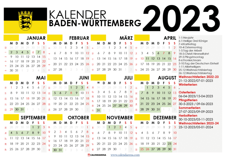 Kalender 2023 BadenWürttemberg Mit Ferien + Feiertage