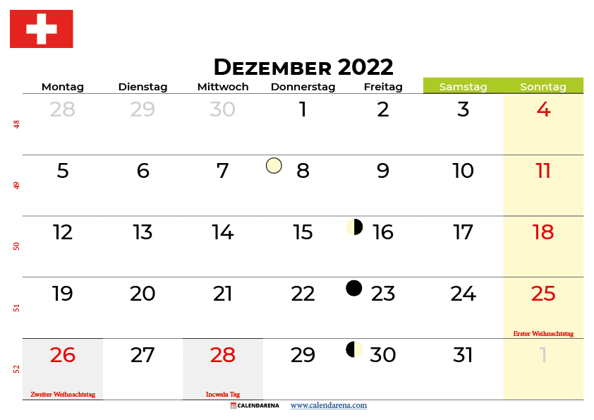 kalender dezember 2022 Schweiz