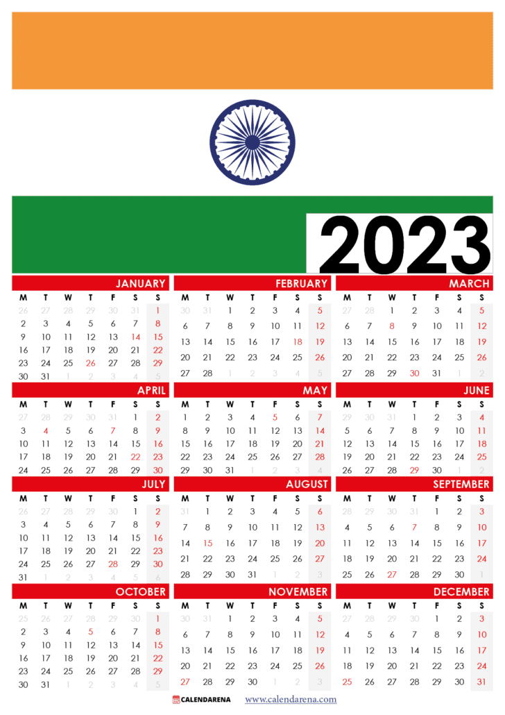 2023 calendar india full flag