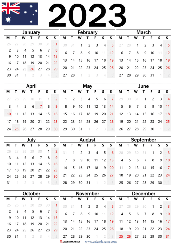 2023 calendar printable australia