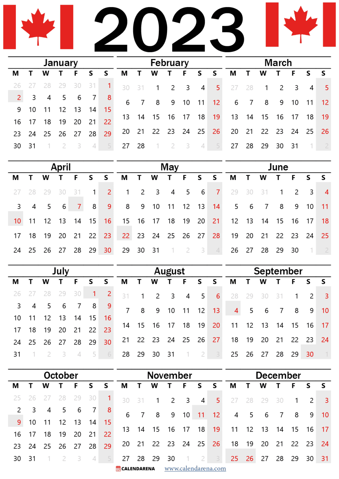 Canada 2023 Calendar With Holidays Printable