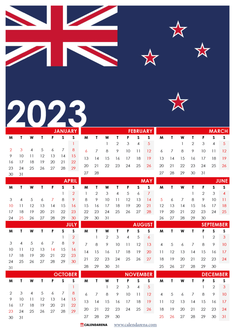 New Zealand 2023 Calendar With Holidays Printable 6603