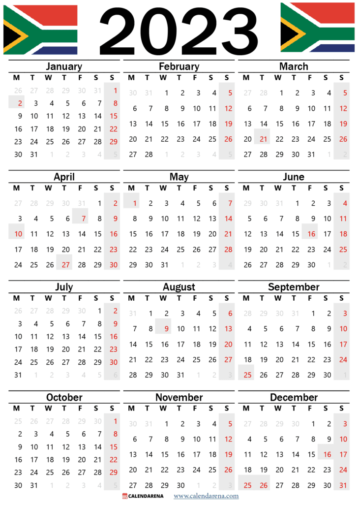 2023 calendar south africa with public holidays