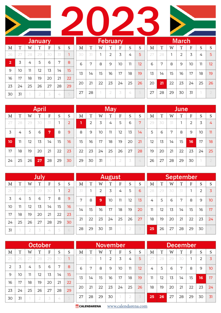 2023 calendar south africa with public holidays red